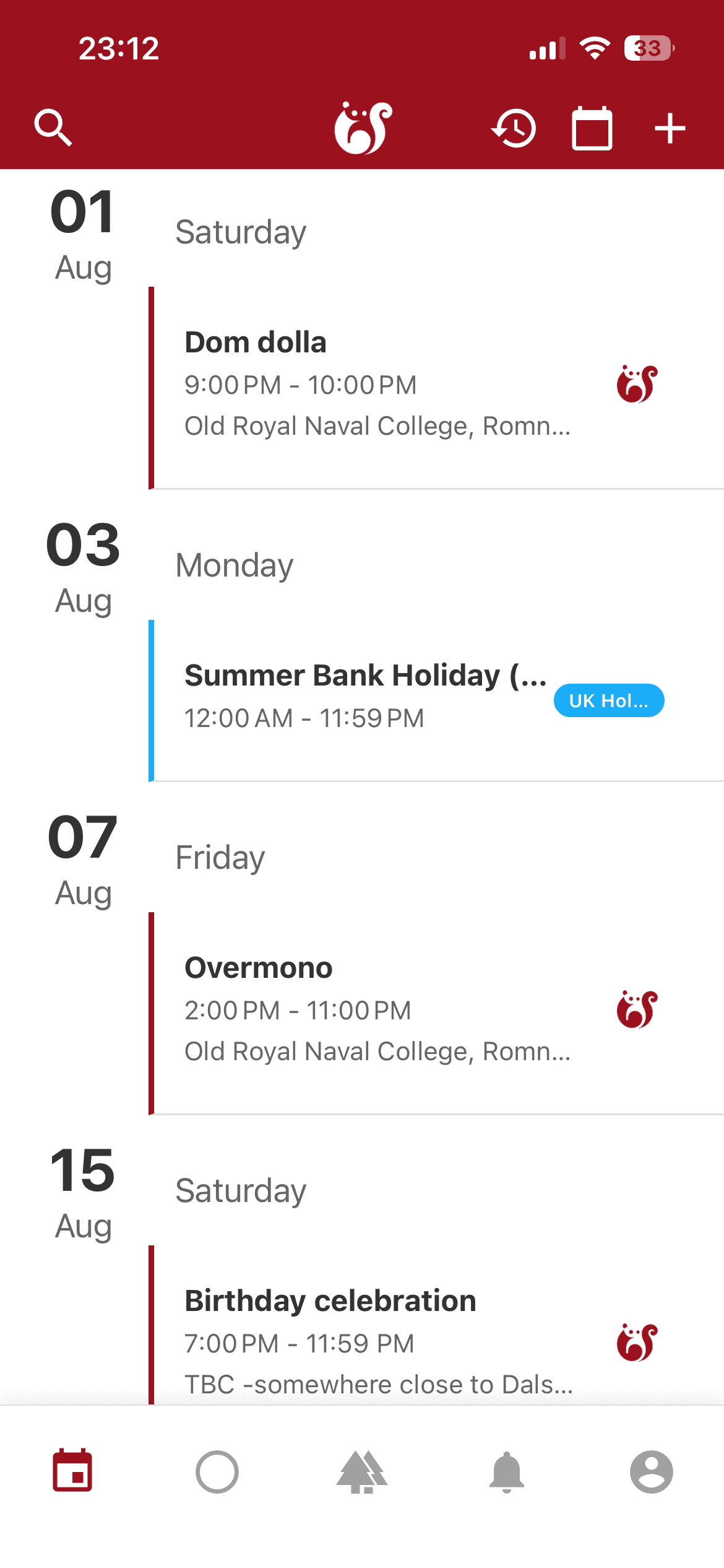 upcoming events list in calsocial